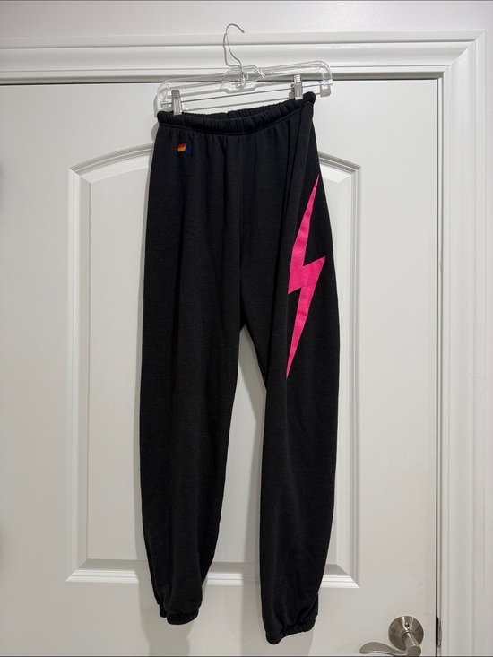Aviator Nation Pants - Aviator Nation Black Sweatpants with Hot Pink Lightning Bolt